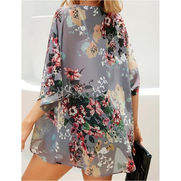 Chiffon Kimono Cardigan – Floral Open Front Cover-Up for Beach or Casual Wear - Picture 2 of 6
